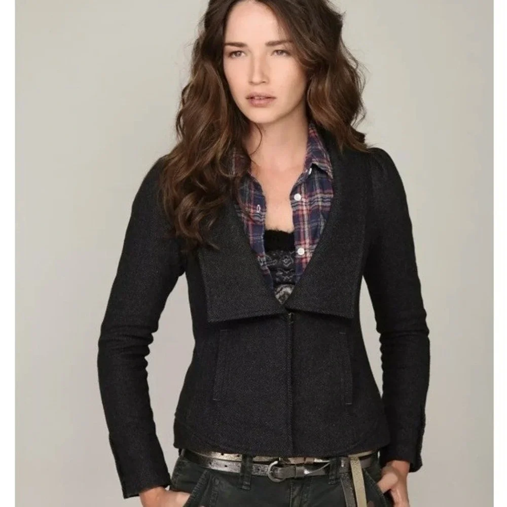Free People Herringbone Puff Shoulder Blazer Jacket Charcoal Grey Size 6